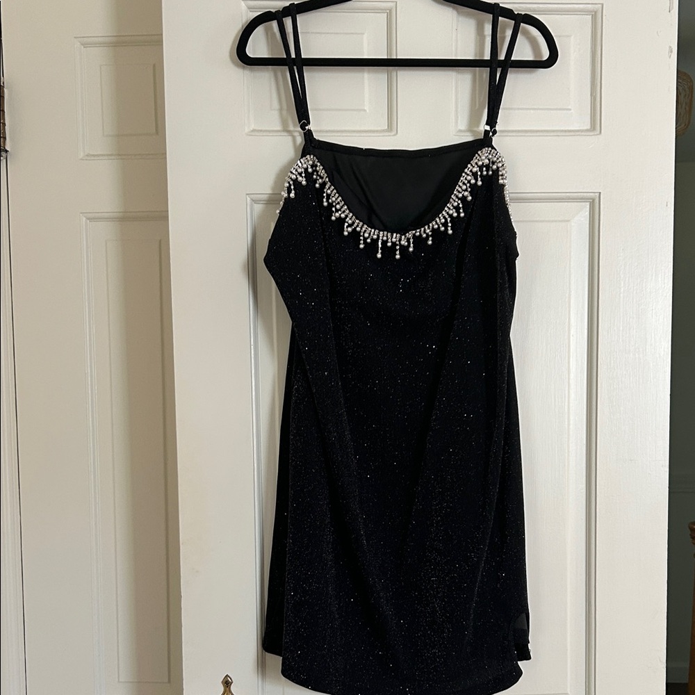 Cider Black Mini Dress with Beaded Neckline